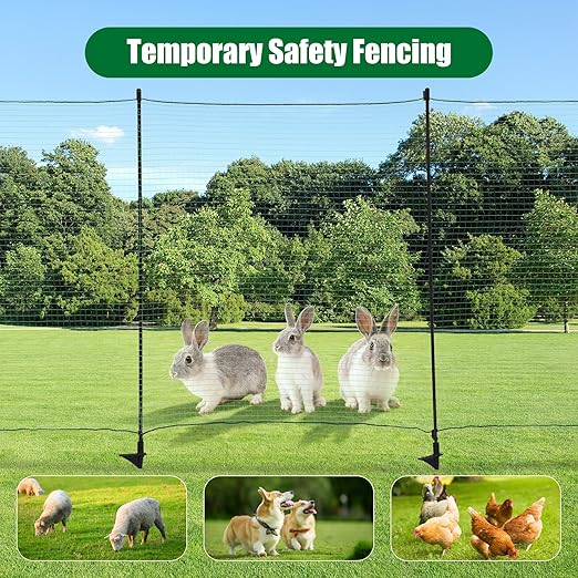 Temporary Fence with Step-in Stakes - 3ft x 100ft Plastic Mesh Fencing Safety Barrier for Dogs, Chickens - Portable Temporary Fencing with Posts for Backyard, Garden, Outdoor Animal Protection