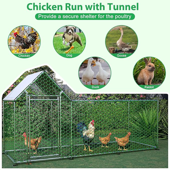 Metal Chicken Coop with Waterproof Cover, 10x3x5ft Chicken Run for Yard, Outdoor Backyard Farm Walk-in Hen House, Chickens Poultry Cage for Ducks, Rabbits and Small Pets