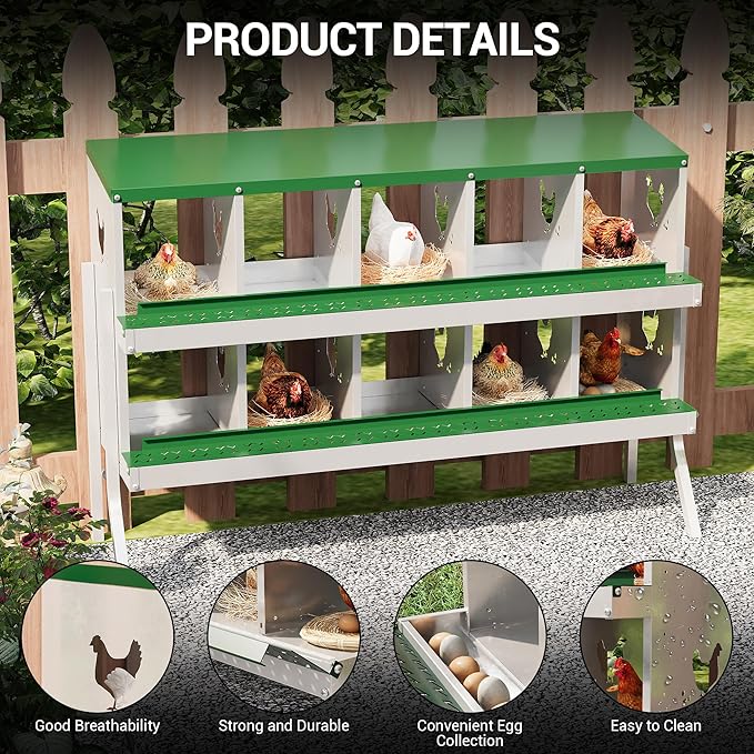 10 Hole Chicken Nesting Box, Galvanized Steel Nesting Boxes with Vented Design, Laying Nesting Boxes for Hens, Wall Mount, Green with Stand