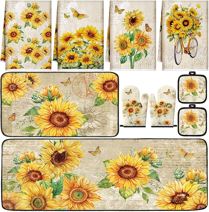 10 Pcs Sunflower Kitchen Dish Towels Rugs Oven Mitts and Pot Holders Set Farmhouse Kitchen Decor Set for Women Mom Daughter Gift Cooking Baking Grilling (Retro Yellow)