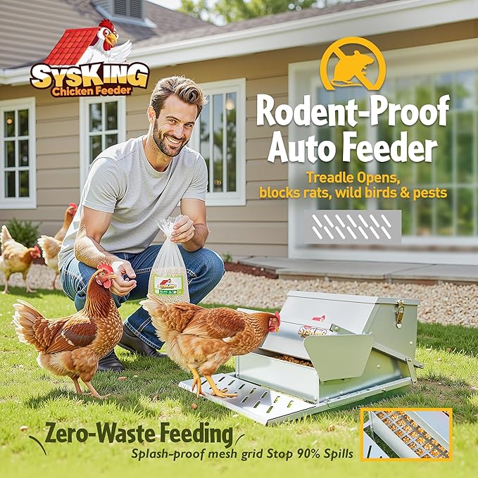 Heavy Duty Automatic Chicken Feeder - Metal Chicken Feeders Treadle Operated, Spill Proof Poultry Feeder with Rat Proof Design & Weatherproof Lid | Sturdy Galvanized Steel (25 lb Capacity)