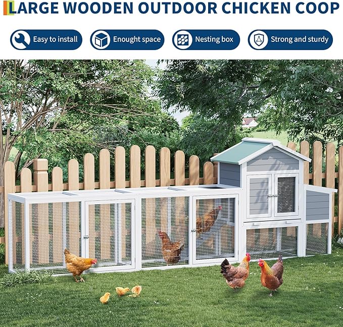 Large Chicken Cage with Waterproof and UV-Resistant Roof, 122" Wooden Chicken Coop with Nesting Box, Sliding Tray & Ramp, Hen House Poultry Cage for Backyard, Farm