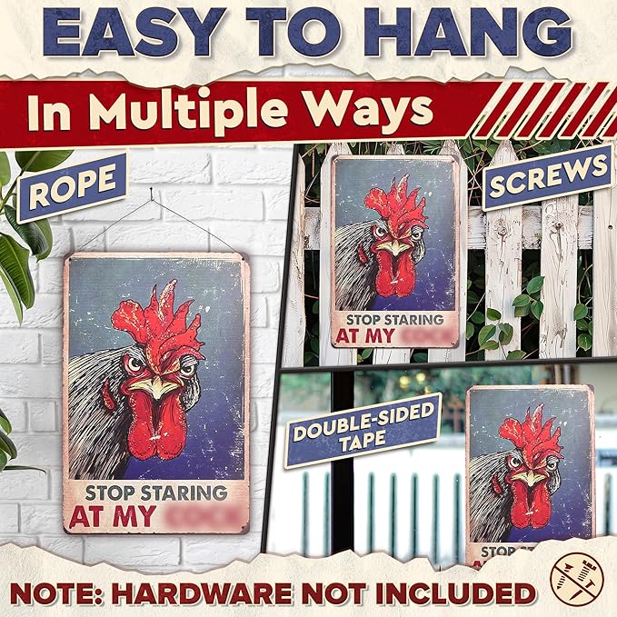 Chicken Coop Signs 8 x 12 Inches – Dont Staring at My Funny Signs, Rooster Decor – Lightweight Durable Tin Metal Wall Decor for Bathroom, Fade-Resistant, Easy to Install, Indoor/Outdoor Use | Decorative and Practical Gift