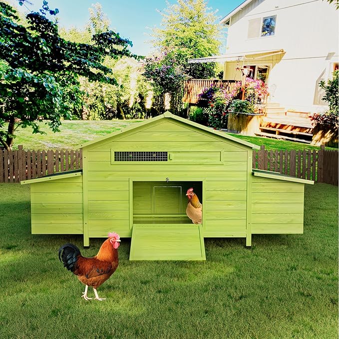 Wooden Chicken Coop for 2-4 Chickens, 69.9" Large Chicken House Poultry Pet Hutch with 2 Sides Nesting Boxes, Outdoor Chicken Tractor with 2 Free-Range Doors Leakproof Tray, Green