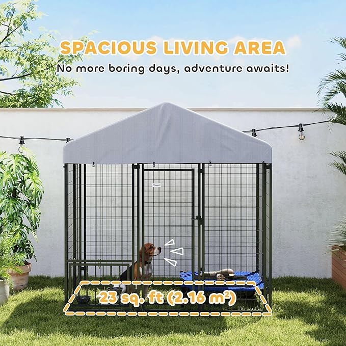 PawHut 6' x 4' x 6' Outdoor Dog Kennel, Welded Wire Dog Kennel Outside Run with 360° Rotating & 4 Level Adjustable Bowls, Waterproof & UV Resistant Cover, for S&M Breeds, Chickens, Ducks, Silver