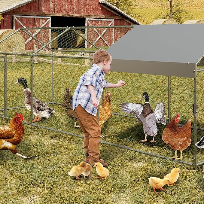 120"x40"x40" Large Walk-in Metal Chicken Coop with Waterproof Anti-UV Cover, Outdoor Chicken Run for Chickens, Ducks, Rabbits & Geese, Heavy-Duty Outdoor Enclosure, Silver