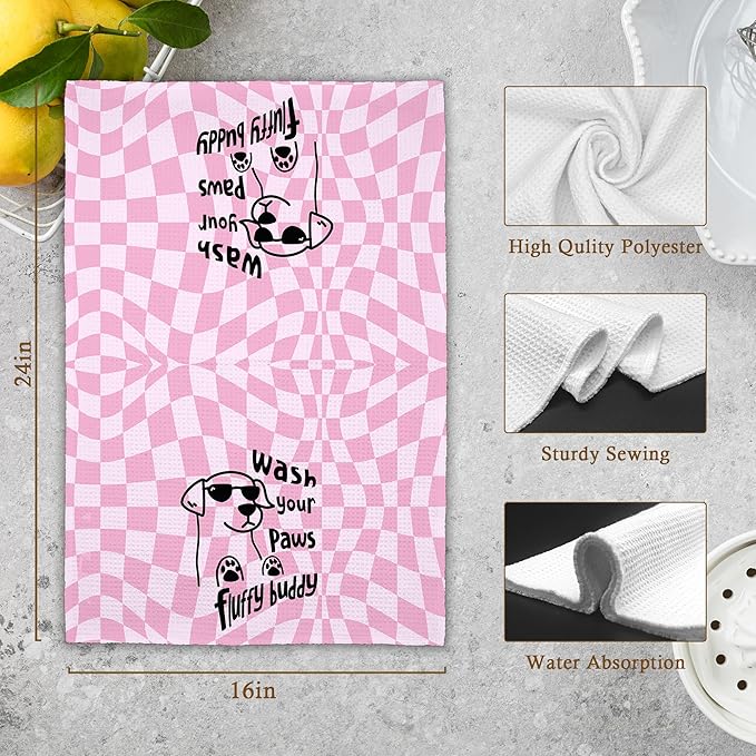 Pink Funny Dog Bathroom Kitchen Towels, Wash Your Paws Hand Towel for Girly Room, Cute Puppy Gifts for Dog Lovers, Trendy Preppy Checkered Dish Towels Decor for Dorm 16x24in