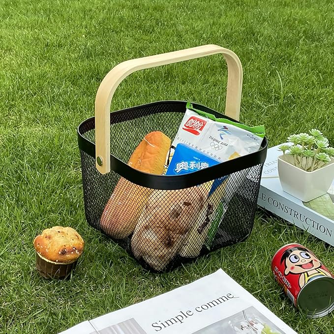 Metal Mesh Wire Basket, Large Steel Basket with Wooden Handle Storage Organizer Basket Multi-functional Hanging Kitchen Baskets Fruit Baskets for Kitchen Bathroom Cabinet Pantry Snacks, Black