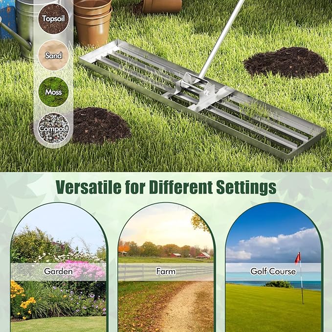 Happygrill Lawn Leveling Rake, Heavy Duty Lawn Level Tool for Soil w/67” Handle, Dirt Ground Leveler, Effort-Saving Landscape Rake for Garden, Backyard, Golf Course, Farm, Pasture (46" x 10", Silver)