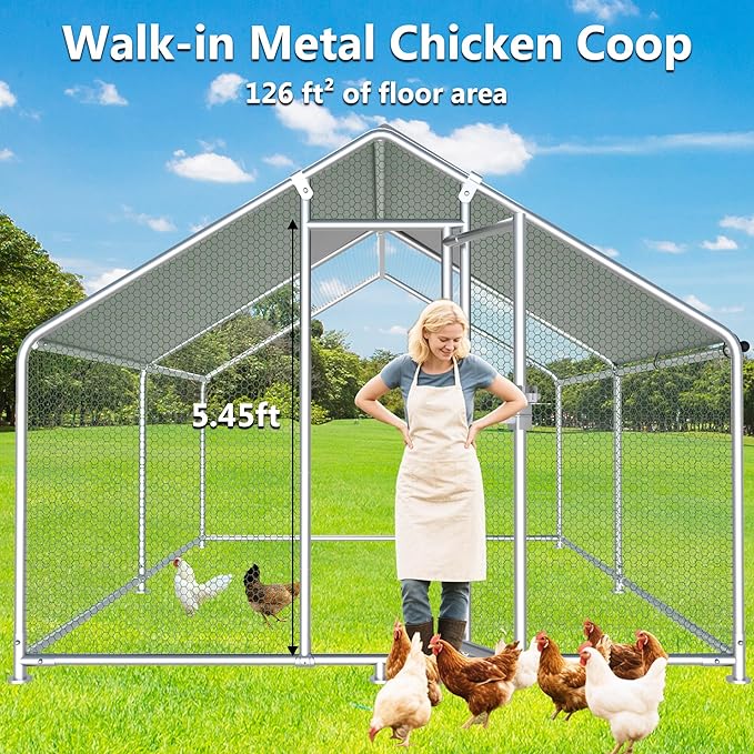 HITTITE Large Metal Chicken Coop with Run, 12.8 x 9.84 x 6.56 ft Walk in Poultry Cage Chicken Run Pen, Outdoor Chicken Runs for Yard with Waterproof & Anti-UV Cover