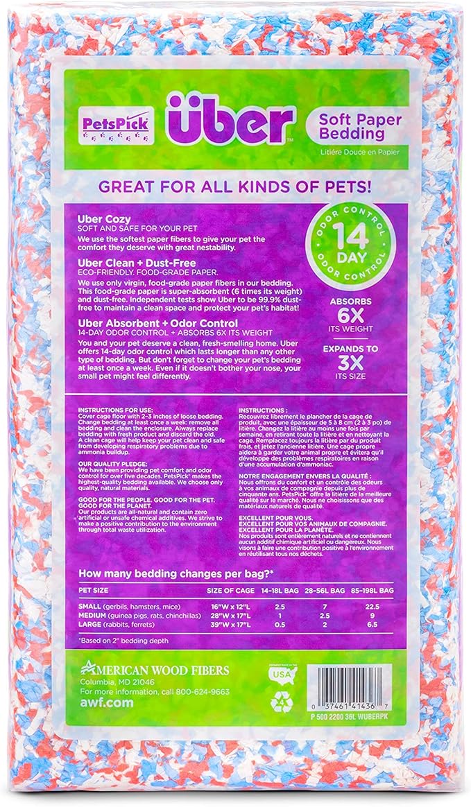 PETSPICK Uber Soft Paper Pet Bedding for Small Animals, Red White & Blue Confetti, 36L