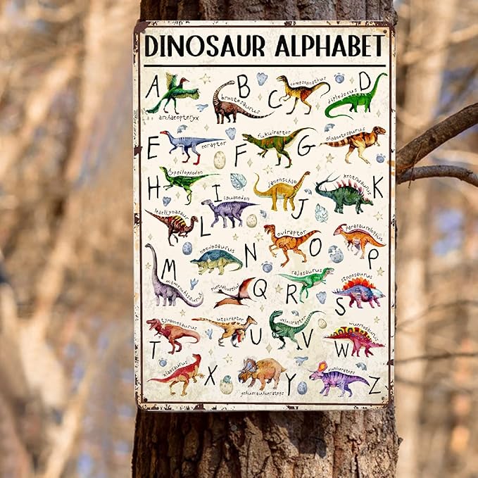 JOCASA Dinasaur Alphabet Vintage Metal Poster Sign Decor-Retro Aluminum Metal Tin Sign for Home Wall Decor, Garden, Bedroom, Signs Gift,12''x 8''