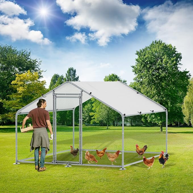 VIVIJASON Large Metal Chicken Coop Outdoor Walk-in Poultry Cage Hen Run House Rabbits Habitat Cages Spire Shaped Coop with Waterproof and Anti-UV Cover for Yard Farm (6.56' L x 9.84' W x 6.56' H)