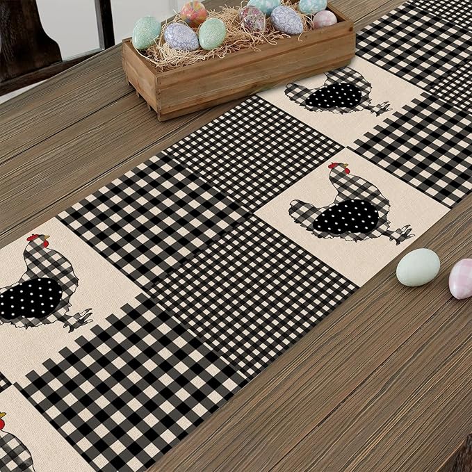 Seliem Farm Animal Chicken Hen Black White Buffalo Plaid Check Table Runner, Farmhouse Chick Home Kitchen Holiday Spring Summer Decor, Easter Country Rustic Burlap Dining Decoration Party Supply 13x72