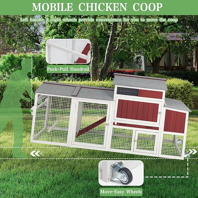 Chicken Coop Mobile Wooden Hen House with Nesting Box,166.4" L Outdoor Chicken House with 4 Wheels and Removable Tray,Fir Wood Chicken Tractor with 12 Ventilation Doors and 2 Ramps,Red