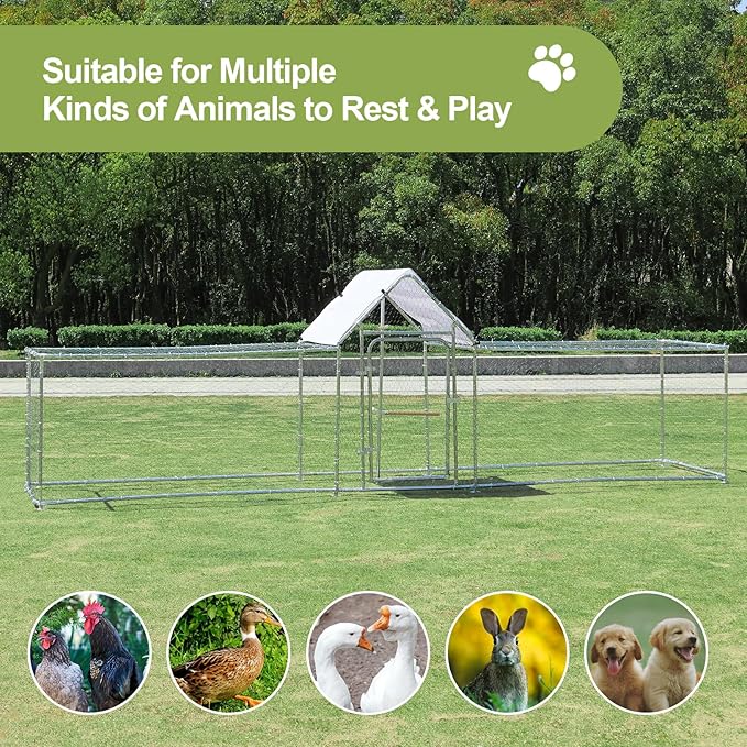Chicken Coop Large Metal Chicken House/Pen for 15-20 Chickens, Outdoor Walk-in Poultry Cage Spire Shape for Ducks, Rabbits, Dogs Etc, Silver (196.85" L x 39.37" W x 59" H)