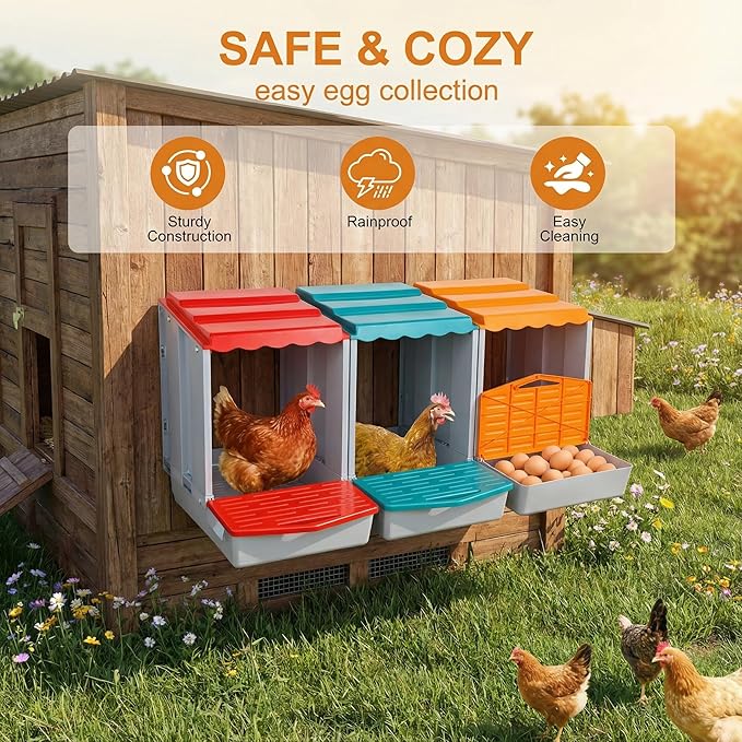 Chicken Nesting Boxes for Chickens, 3-Hole Modular & Detachable Roll-Away Egg Tray, Connectable up to 3 Units, Chicken Coop Accessory for Backyard & Farms