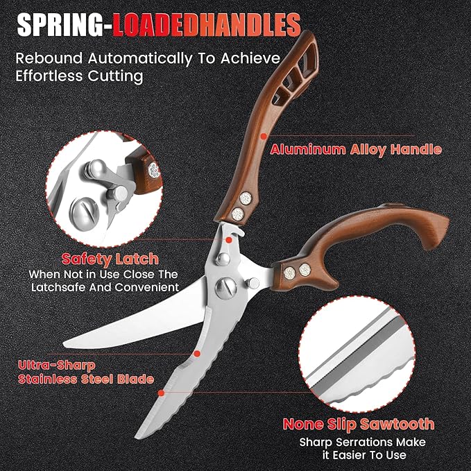 ANDONG Kitchen Scissors, Heavy Duty Professional Poultry Shears, Stainless Steel Spring Loaded, Dishwasher Safe, with Black Leather Sheath