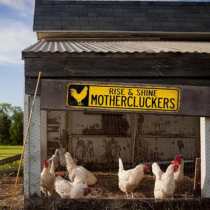 Rise & Shine Mothercluckers Chicken Coop Sign - Made In USA - Chicken Décor Rooster Farmhouse Décor Outdoor Signs For Ranch 104180017018