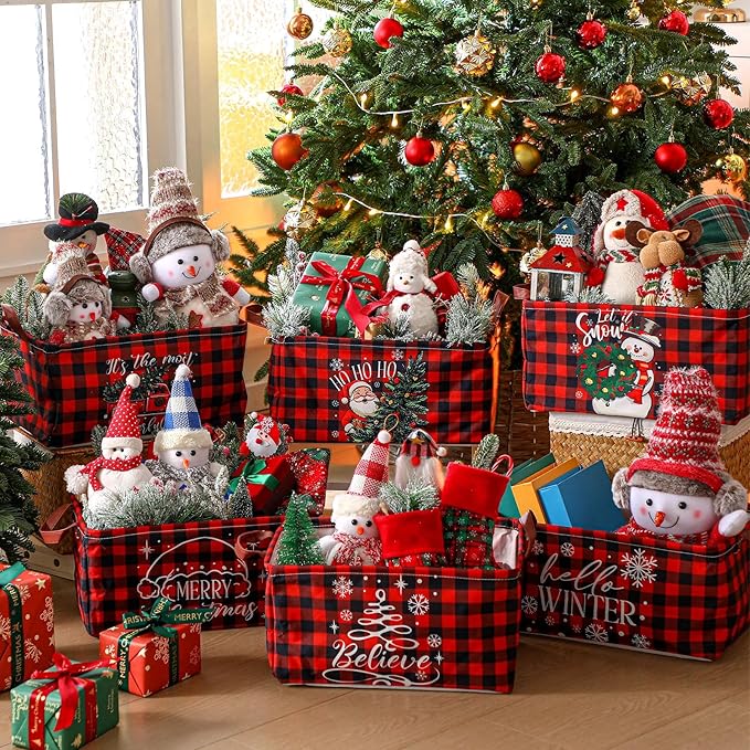 CHENGU 6 Pack Christmas Storage Basket Collapsible Christmas Basket for Gifts Buffalo Plaid Holiday Decor Large Snowman Bin Foldable Xmas Tree Box with Handle for Bedroom Office Home
