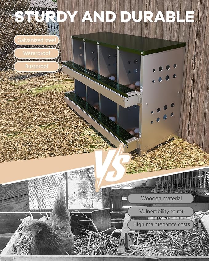 Chicken Nesting Box, 8 Compartment Metal Nesting Box, Wall Mountable Nesting Boxes with Swing Perch and Roll Away Egg Collection, Vented Holes, 8 Training Eggs Included