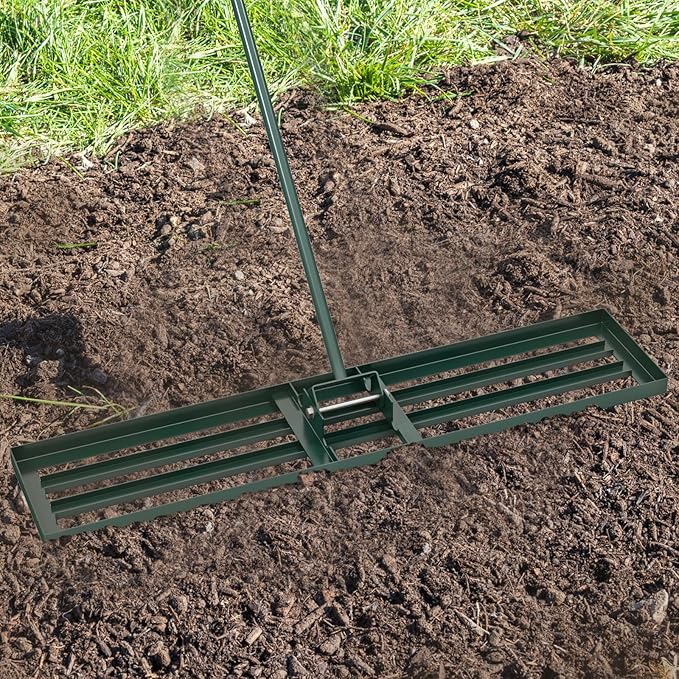 Happygrill Lawn Leveling Rake, Heavy Duty Lawn Level Tool for Soil w/67” Handle, Dirt Ground Leveler, Effort-Saving Landscape Rake for Garden, Backyard, Golf Course, Farm, Pasture (46" x 10", Green)