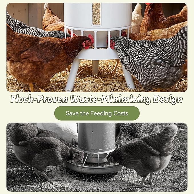 KOL 50LB Chicken Feeder & 5 Gallon Chicken Waterer Set, All-Metal 16 Port Feeder + 8 Cup Auto Waterer, No Waste, Weatherproof Poultry Feeding System Chicken Coop Accessories