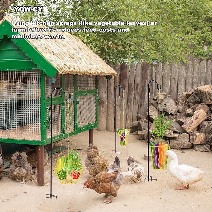 Hanging Chicken Feeder with Shepherd's Hook, Foldable Chicken Vegetable Feeder, Golden Poultry Fruits Feeding Holder Basket with Hanging Chain for Chicken Coop Accessory