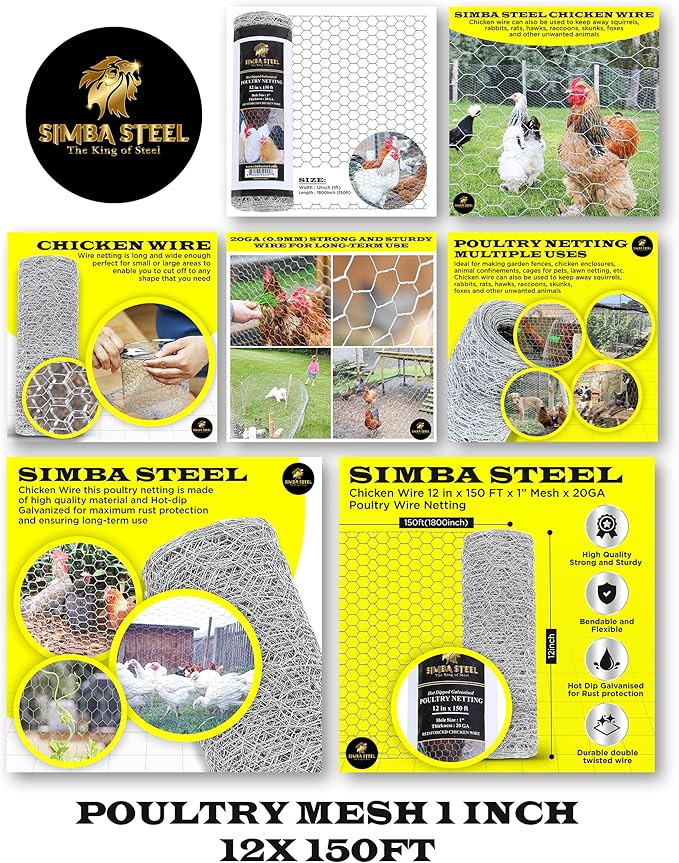 Chicken Wire 12 in x 150 FT x 1” Mesh x 20GA | Poultry Wire Netting | Hot Dipped Galvanized | Chicken Coop, Rabbit Cage, Fence Barrier (12 x 150 x 1)
