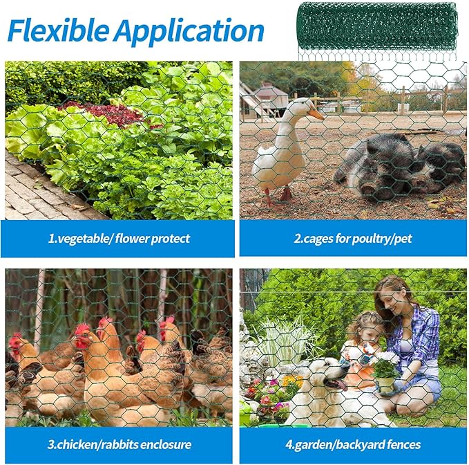 60'' x 150' Green Chicken Wire Fencing, 1 inch Chicken Wire and 19 Gauge Poultry Netting, Garden Mesh Fence Roll for Floral Arrangements/Crafts/Farm/Livestock/Pet Protection