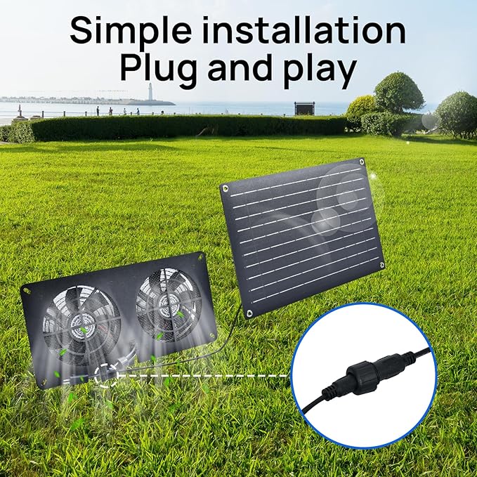 DC HOUSE 20W Solar Fan Powered Exhaust Fan for Chicken Coops, Greenhouses, Sheds, Pet Houses, and Windows - Waterproof and Plug Play Easy Connector Max Applicable Space 880ft3 (25 m3)