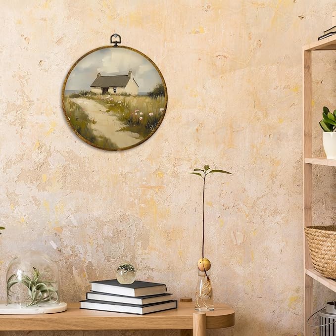 CUANFDDSF Rustic Farmhouse Round Wall Art, Vintage Countryside Framed Hanging Wall Decor, Cottagecore Country Landscape Canvas Prints Decorations for Home Bedroom Living Room, 10x10 Inch