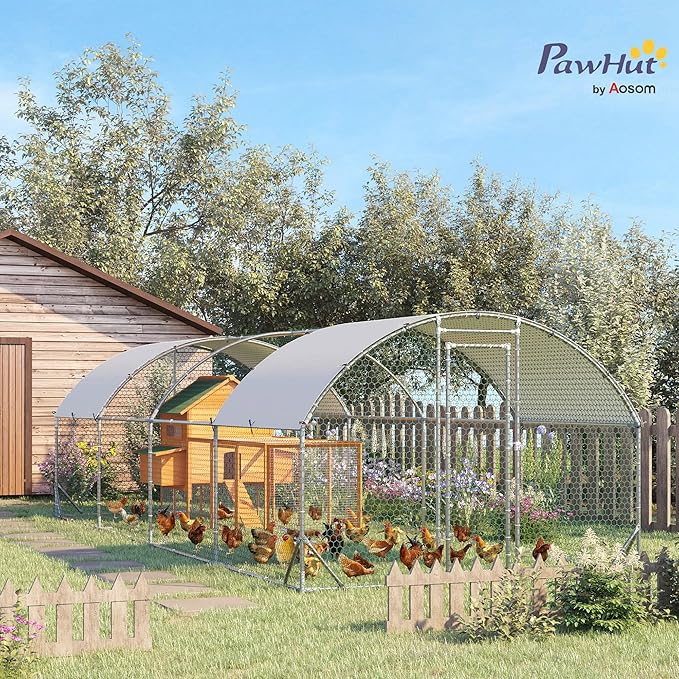 PawHut Large Chicken Coop Metal Chicken Run with Waterproof and Anti-UV Cover, Dome Shaped Walk in Fence Cage Hen House for Outdoor and Yard Farm Use, 1" Tube Diameter, 9.2' x 24.9' x 6.5'