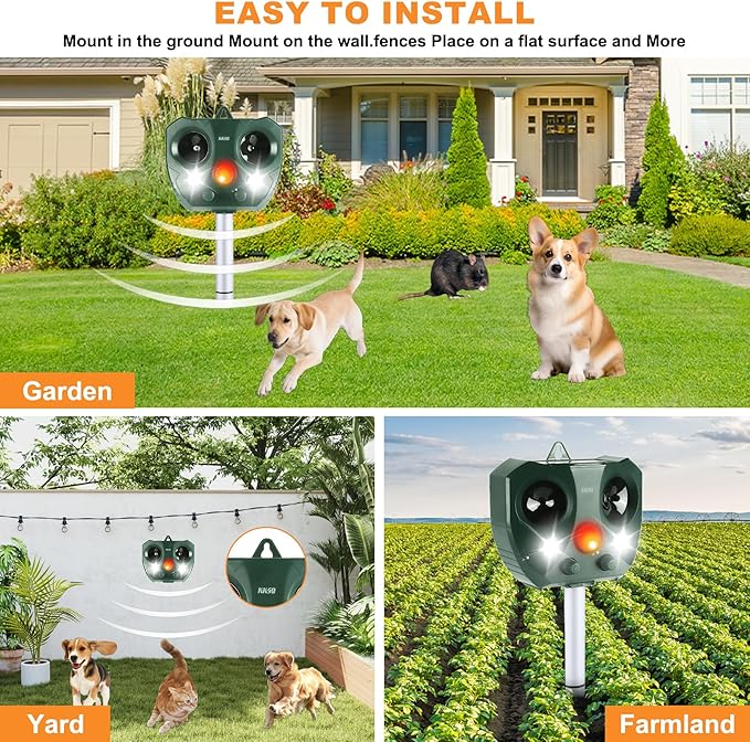 2025 Solar Ultrasonic Animal Repellent Outdoor Indoor, Waterproof Motion-Activated Deterrent Repel Deer Cat Dog Bird Rabbit Squirrels Raccoon Skunk Coyote with Flash Lights for Garden Yard Farm