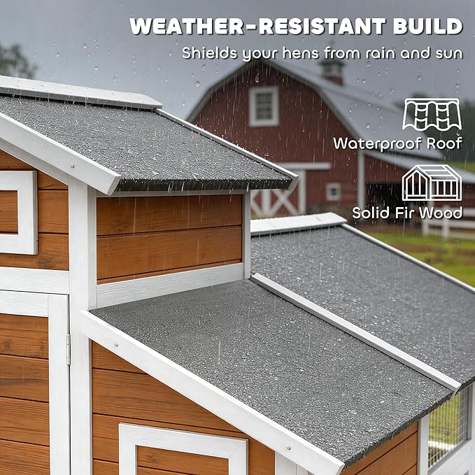 PawHut 79" L Chicken Coop for 6 Chickens, Outdoor Wooden Hen House Poultry Cage with Run, 2 Nesting Boxes, Slide-Out Tray, Waterproof Asphalt Roof, Sliding Rod Door and Roosting Bar, Orange