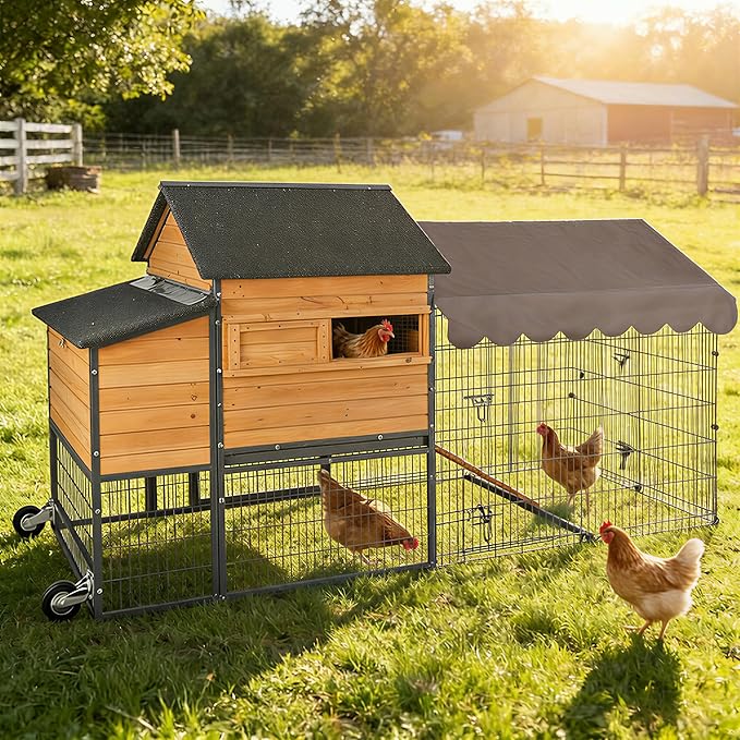 GUTINNEEN 85.6" Large Chicken Coop with Run for 6-8 Chickens, Heavy Duty Chicken Tractor with Wheels, Wooden Chicken House with Reinforced Steel Frame, Nesting Box & Pull-Out Metal Tray