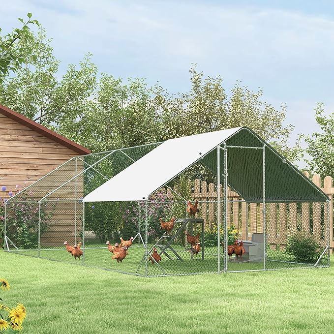 PawHut Large Chicken Coop Metal Chicken Run with Waterproof and Anti-UV Cover, Spire Shaped Walk in Fence Cage Hen House for Outdoor and Yard Farm Use, 1" Tube Diameter, 9.8' x 19.7' x 6.6'