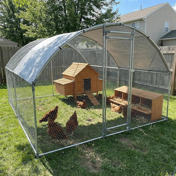 Large Metal Chicken Coop with Run, Walk-in Dome Roof Poultry Cage with Waterproof & Anti-UV Cover for Yard for Ducks & Rabbits