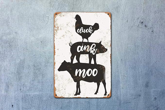 KENSILO Metal Tin Signs Vintage Cluck Oink Moo Chicken Pig Cow Farmhouse Home Kitchen Restaurant Wall Decor 8 x 12 inches