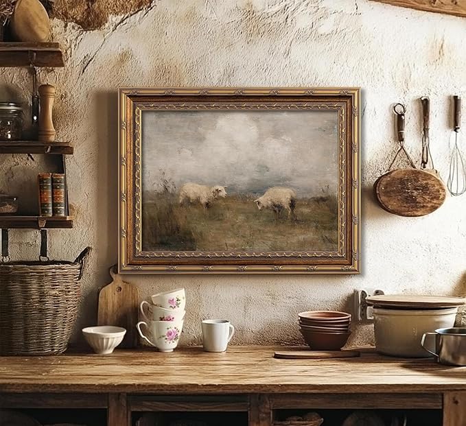 Vintage Gold Framed Farmhouse Animal Wall Art Retro Country Sheep Oil Painting Wall Decor Farm lamb Canvas Prints Retro Rustic Poster Artwork for home decor kitchen Living Bedroom 12x16in