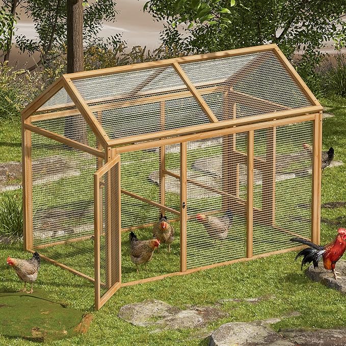 MoNiBloom Outdoor Chicken Coop Large Hen House Poultry Cage with Roosting Rods, Farmhouse Backyard Wood Rabbit Hutch Small Pets Playpens Spire Shaped Coops Triple Access/Feeding Doors 55 x 33.5 x 42.5