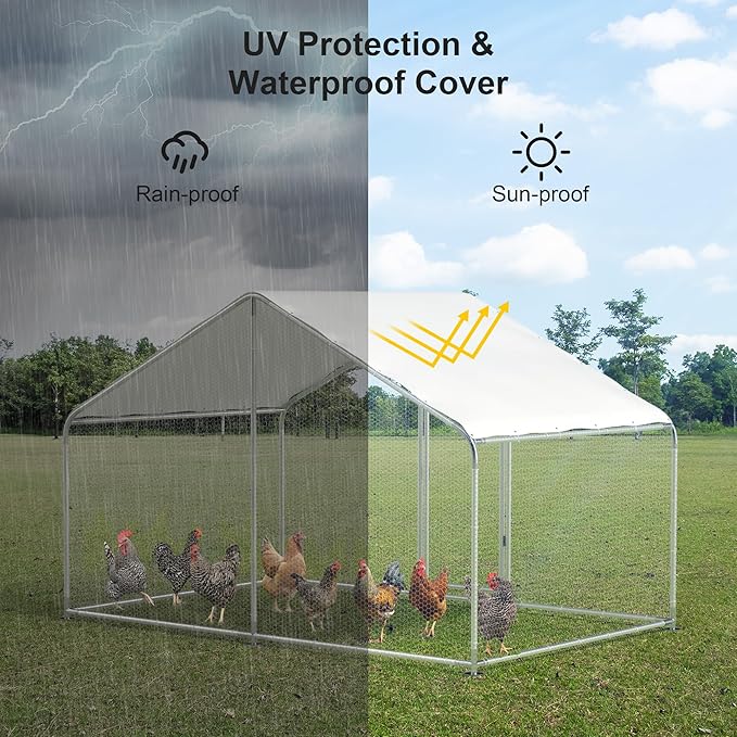 Large Metal Chicken Run, Chicken Coop with Lockable Door Spire Shape Walk-in Chicken Hen House with Waterproof & Anti-UV Cover for Duck Rabbit Habitat Cage Outdoor Poultry Cage for Yard Farm