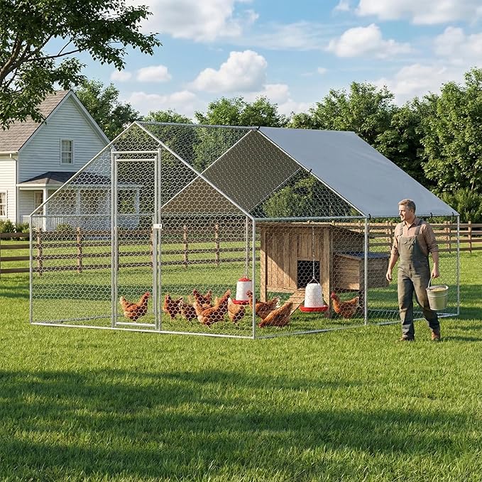 Large Chicken Coop Metal Walk-in Run 9.8' x 13' x 6.5', Heavy Duty Galvanized Steel Cage with Waterproof Cover, Secure Lock, Outdoor Pen Enclosure for Hens, Ducks, Rabbits