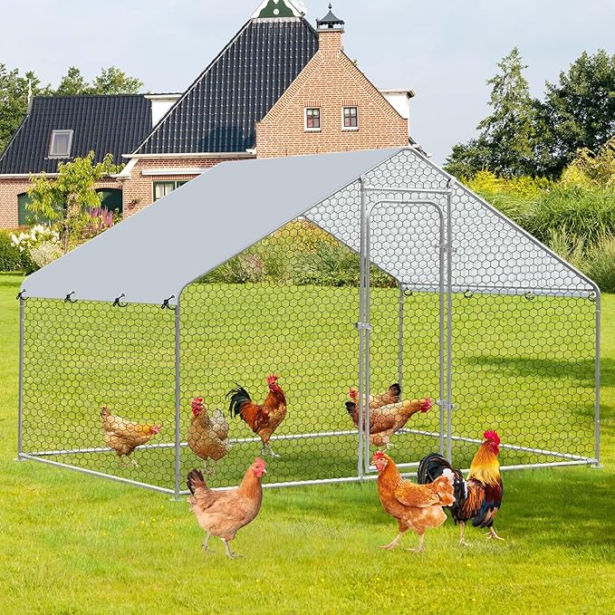 Large Metal Chicken Coop, Chicken Coop Run for 6/10 Chickens, Walk-in Chicken Runs for Yard with Anti-UV Cover, Spire Roof Hen House for Backyard, Duck Rabbit Cage Poultry Pen 6.6 x 9.8 x 6.5 ft