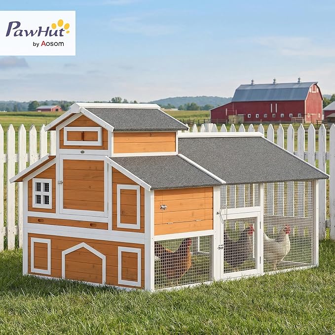 PawHut 79" L Chicken Coop for 6 Chickens, Outdoor Wooden Hen House Poultry Cage with Run, 2 Nesting Boxes, Slide-Out Tray, Waterproof Asphalt Roof, Sliding Rod Door and Roosting Bar, Orange