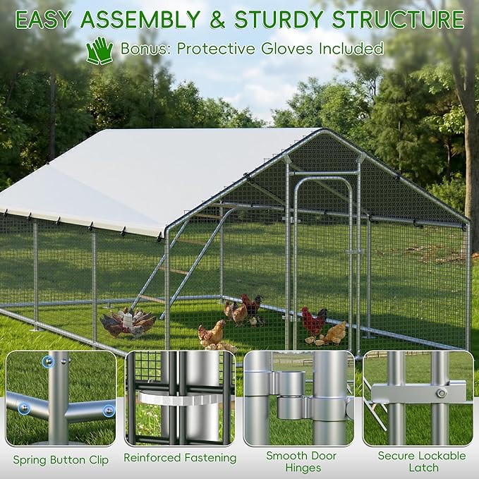 Large Metal Chicken Coop Run with Roosting Perch, Outdoor Poultry Cage with Waterproof & UV-Resistant Cover for Chickens, Ducks, Rabbits in Yard or Farm Use, Spire Roof (8.9'W x17.7'L x 6.6'H)