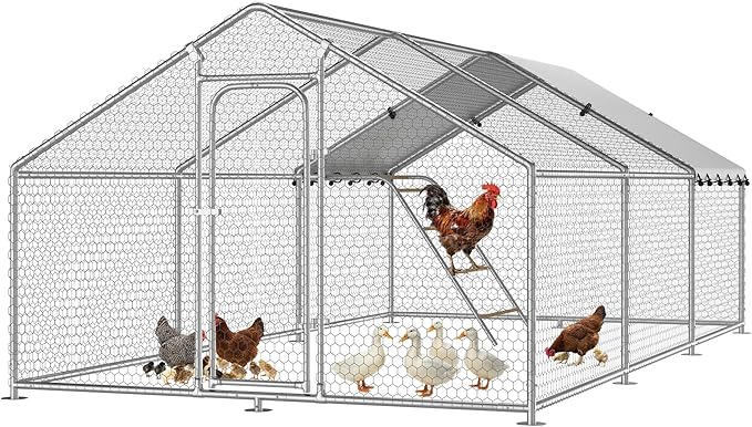 Large Metal Chicken Coop with Waterproof and UV-Resistant Cover,Chicken Run Outdoor Walk-in Cage Rabbit Duck Hen House for Yard Farm Use Spire Roof(10' L x 14.8' W x 6.4' H)