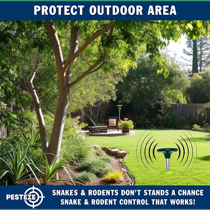 PESTEZE Solar Snake & Rodent Sound Deterrent. Auditable Sound Deters Snakes & Burrowing Rodents Like Moles, Voles Gophers, Chipmunks, Groundhogs & Woodchucks from Destroying Gardens & Vegetables