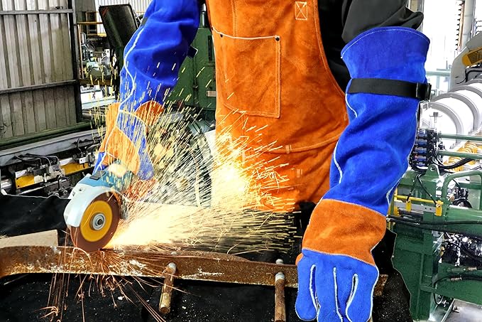 Leather Welding Sleeves,Work Gloves with Palm Reinforcements,Bite Proof for Animal Handling