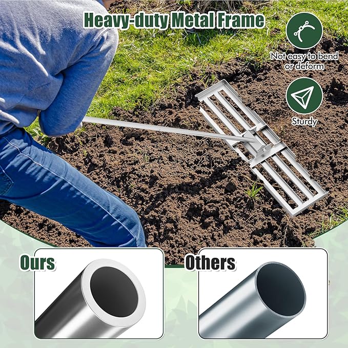 Happygrill Lawn Leveling Rake, Heavy Duty Lawn Level Tool for Soil w/67” Handle, Dirt Ground Leveler, Effort-Saving Landscape Rake for Garden, Backyard, Golf Course, Farm, Pasture (36" x 10", Silver)
